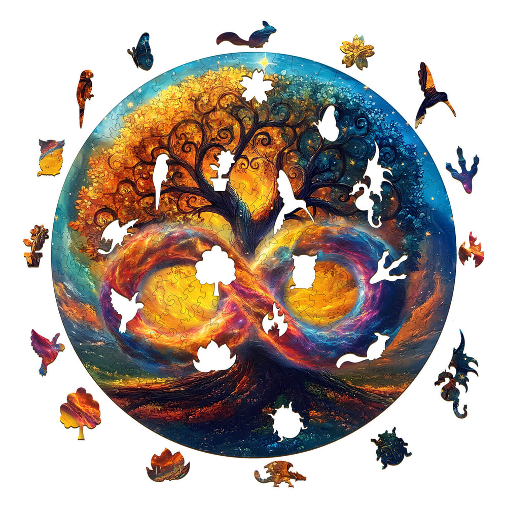 The Infinite Tree of Life-1 wooden jigsaw puzzle featuring vibrant colors and intricate shapes for mental stimulation.