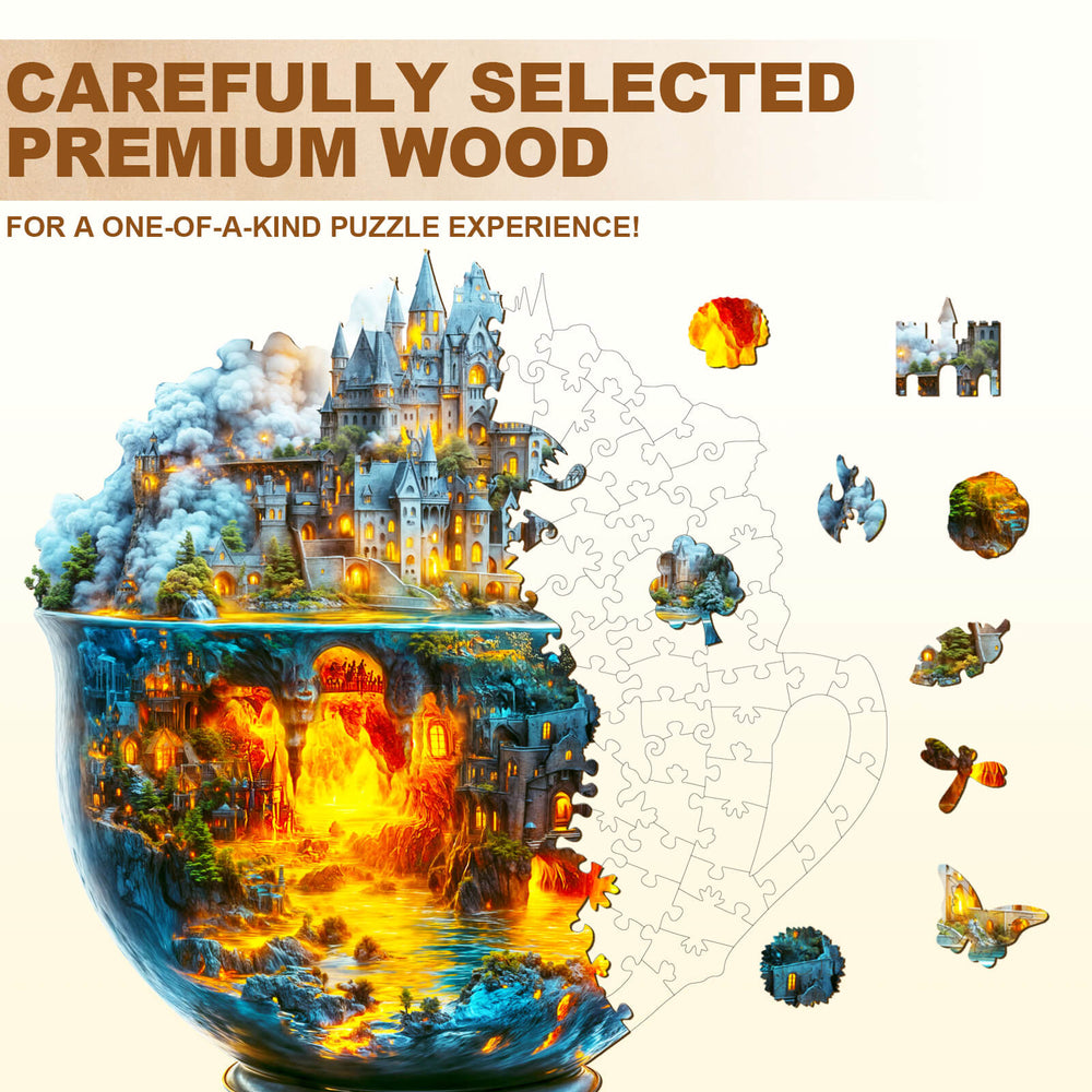 Beautiful wooden jigsaw puzzle featuring a magical scene inside a cup, designed for mind games and enhancing focus.