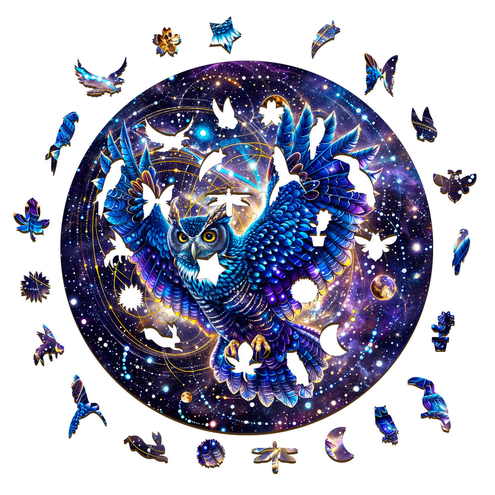 Galaxy Owl-1 wooden jigsaw puzzle pieces in a stunning cosmic design, perfect for enhancing focus and cognitive skills.