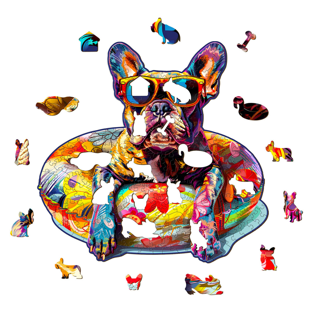 Colorful French Bulldog wooden jigsaw puzzle featuring a dog in sunglasses, promoting focus and mental agility.