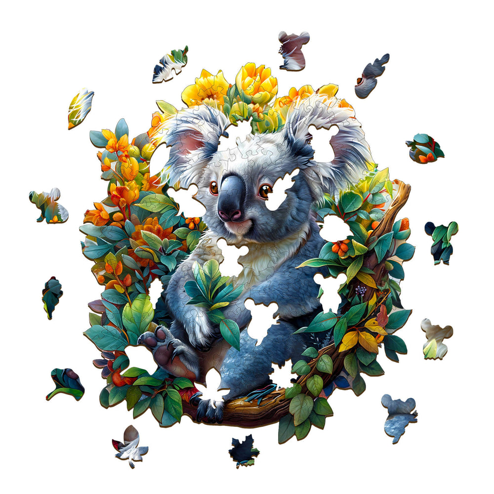 Colorful Koala wooden jigsaw puzzle with missing pieces, promoting focus and brain training through engaging play.