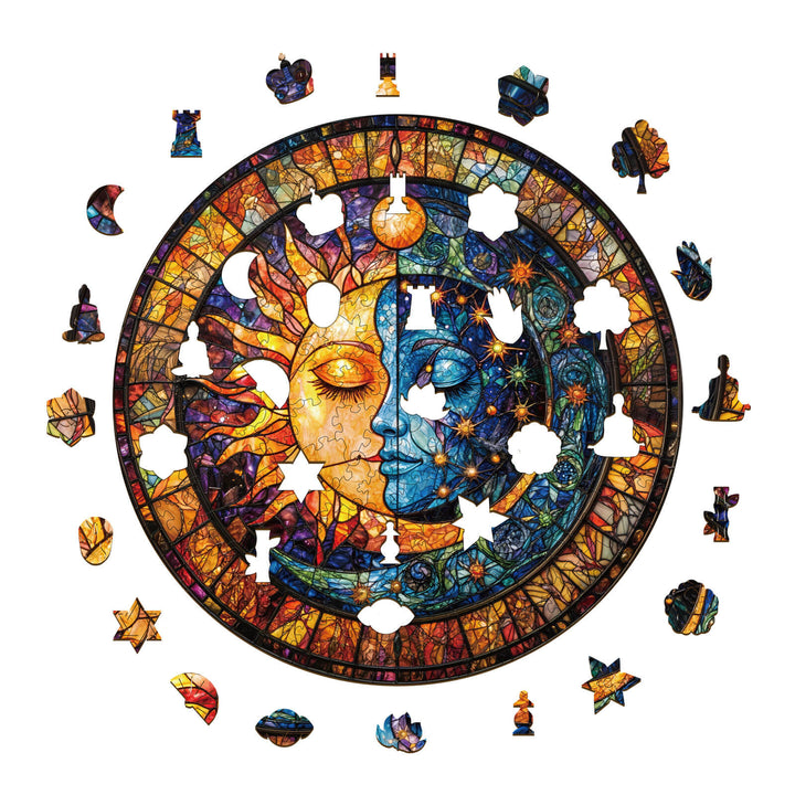 Sun and Moon Harmony wooden jigsaw puzzle featuring colorful celestial designs, perfect for enhancing focus and cognitive skills.