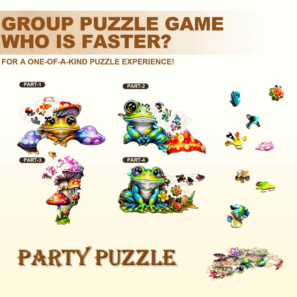 Colorful Party Puzzle featuring Frog Family pieces for group games, enhancing focus and cognitive skills.