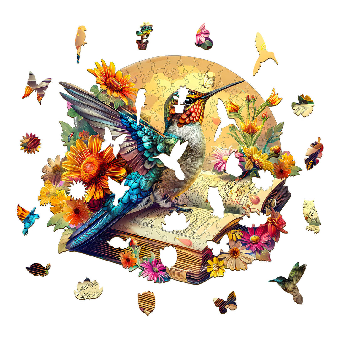 Colorful Hummingbird wooden jigsaw puzzle with floral design, perfect for enhancing focus and brain activity.