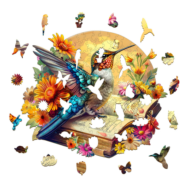 Colorful Hummingbird wooden jigsaw puzzle with floral design, perfect for enhancing focus and brain activity.