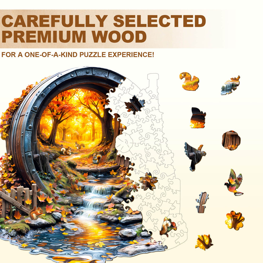 Barrel of Autumn wooden jigsaw puzzle showcasing vibrant fall colors and unique pieces for an engaging puzzle experience.