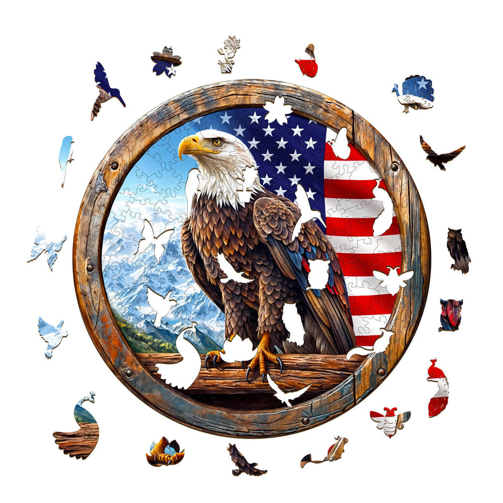 3D Bald Eagle Wooden Jigsaw Puzzle featuring American flag and various birds, perfect for enhancing focus and mindfulness.