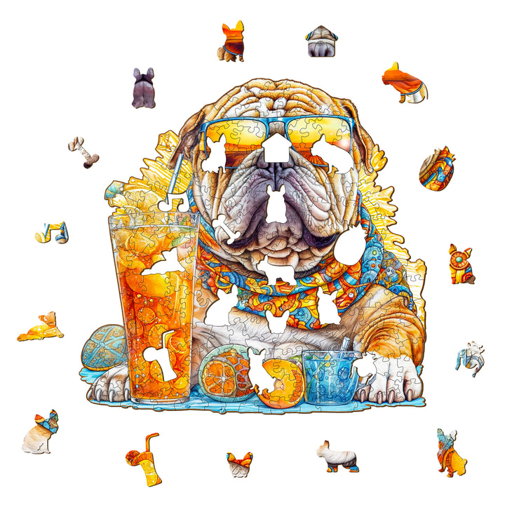 Colorful Summer Bulldog-1 wooden jigsaw puzzle featuring a bulldog with sunglasses and a refreshing drink.