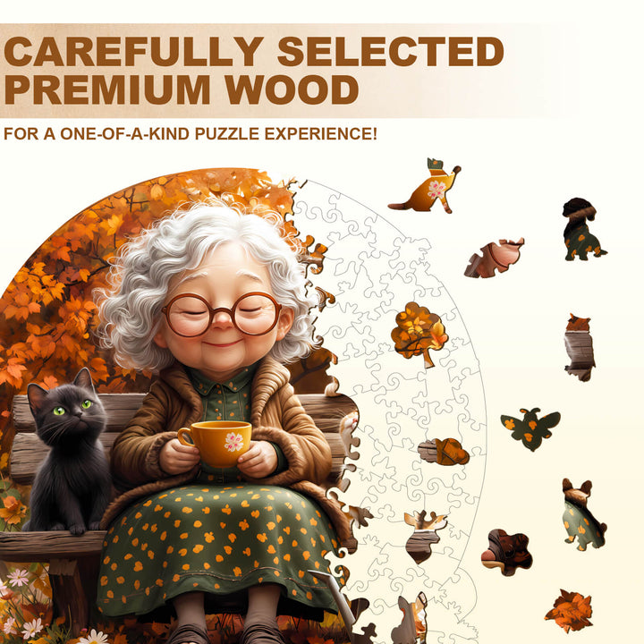 Grandma enjoying tea with a cat, surrounded by a wooden jigsaw puzzle in autumn colors, promoting focus and fun.