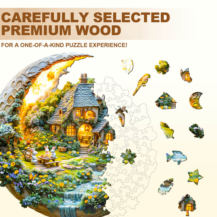 Moonlight Garden-2 wooden jigsaw puzzle showcasing premium wood pieces and a vibrant garden scene.