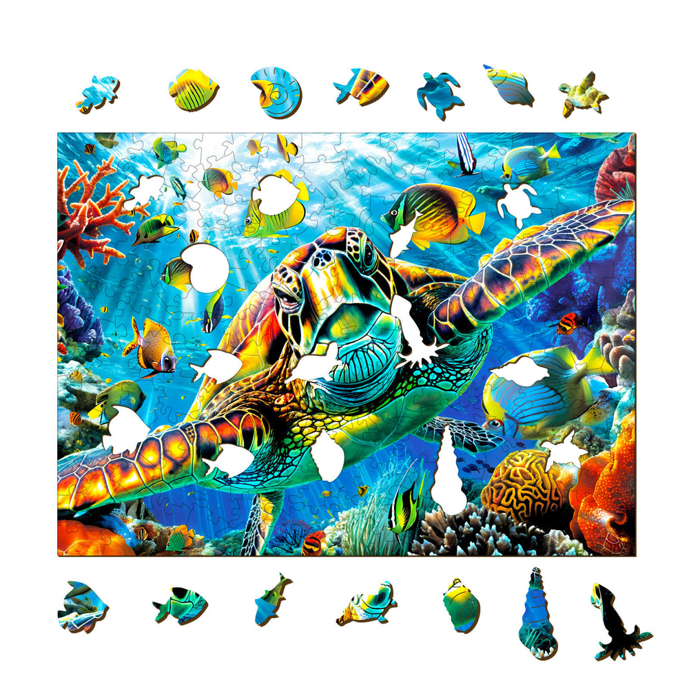 Colorful Turtle Explorer wooden jigsaw puzzle with pieces around it, designed for focus and mental challenge.