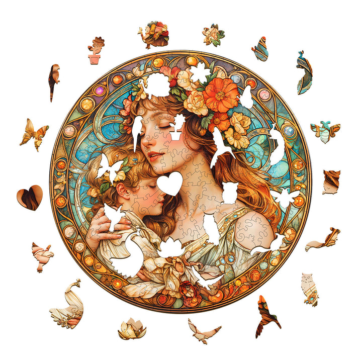 Maternal Love Wooden Jigsaw Puzzle featuring a colorful design of a mother and child surrounded by floral and animal motifs.