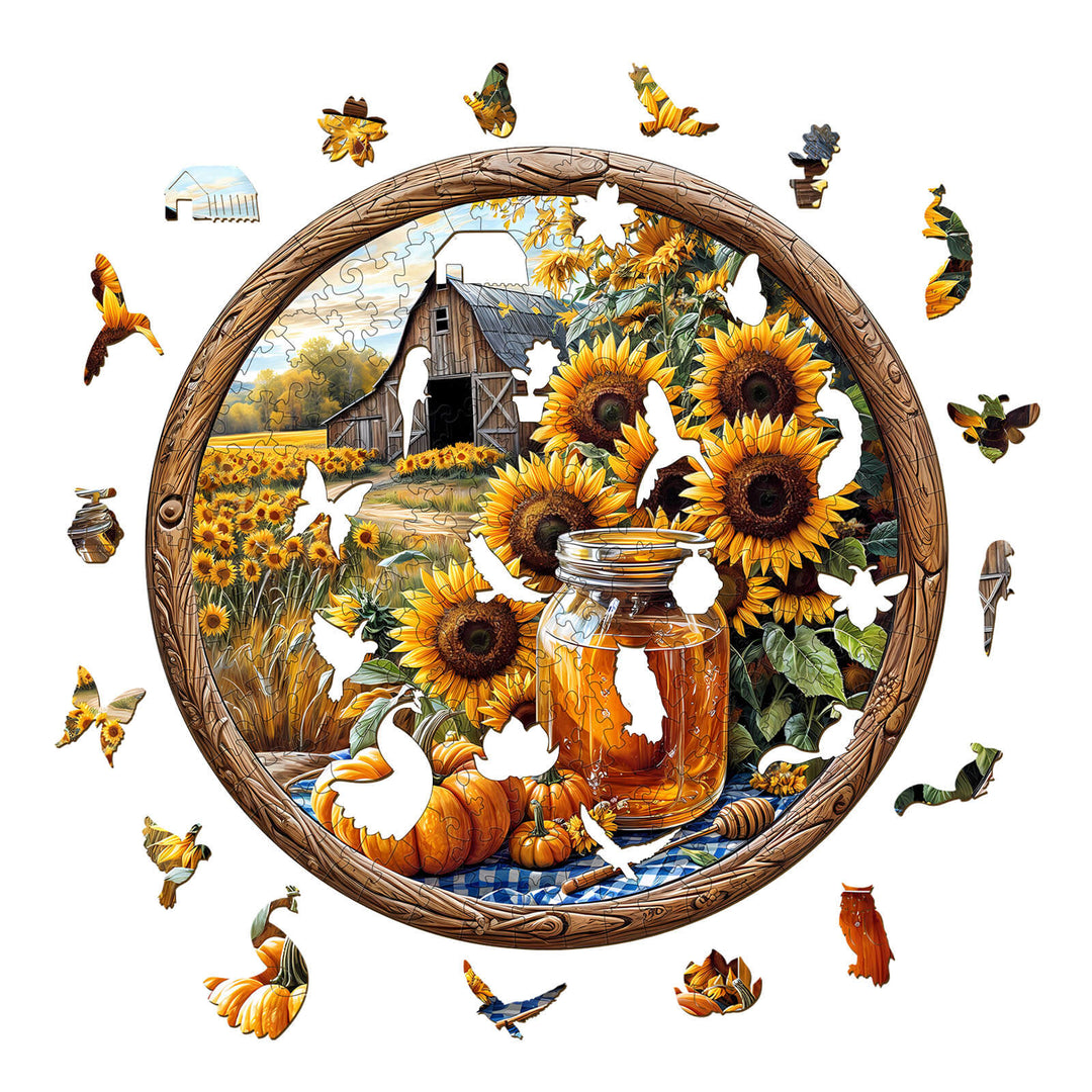 Colorful wooden puzzle featuring sunflowers, a barn, and a jar of honey, ideal for puzzle enthusiasts and mind games.