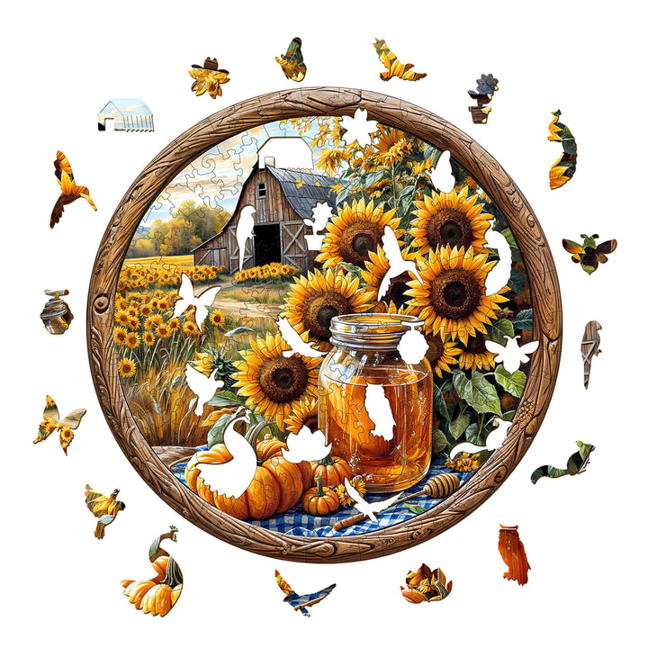 Colorful wooden puzzle featuring sunflowers, a barn, and a jar of honey, ideal for puzzle enthusiasts and mind games.