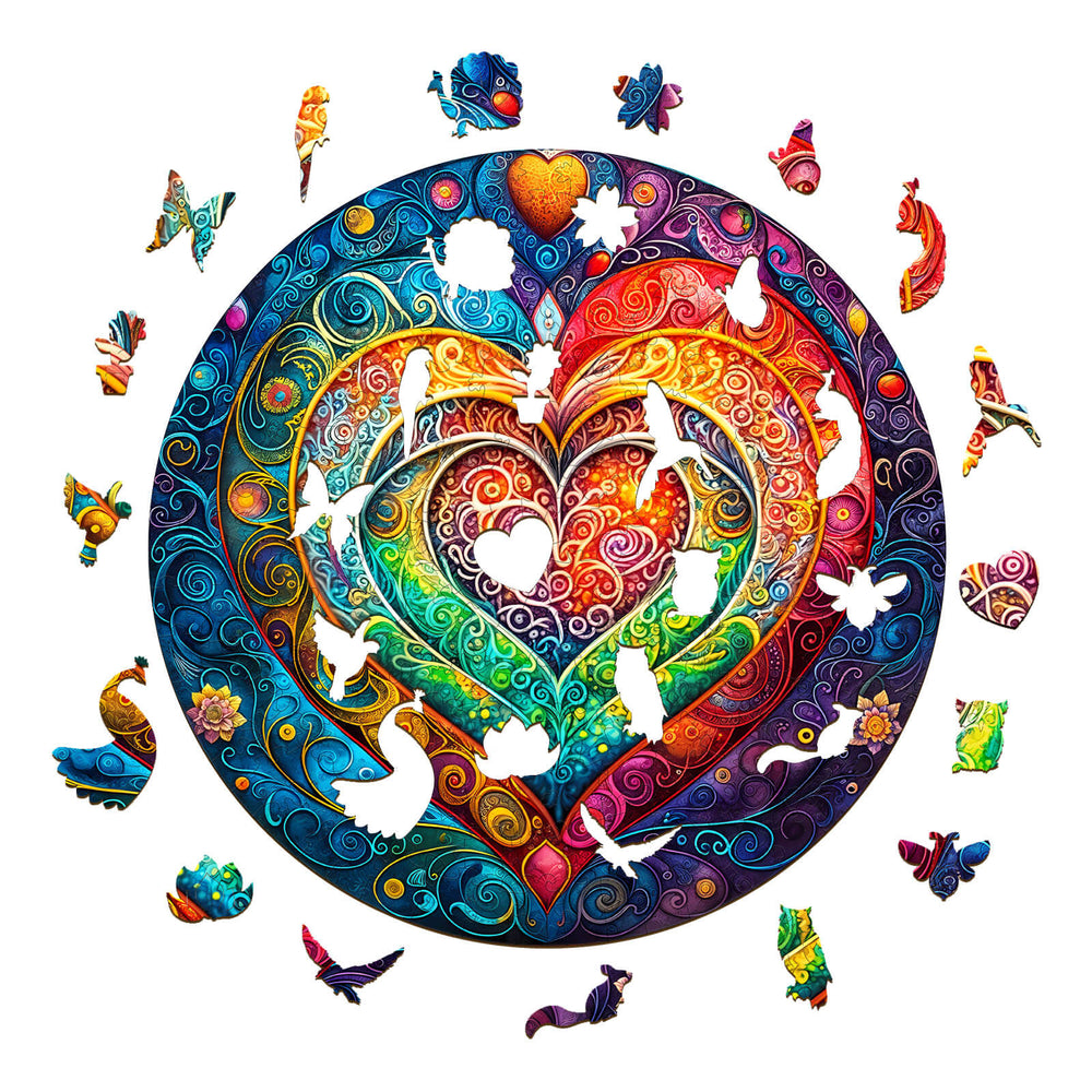 Colorful mandala heart wooden jigsaw puzzle with intricate designs and whimsical pieces for mind-challenging fun.
