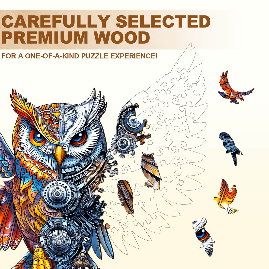 Yin-Yang MechaOwl wooden jigsaw puzzle featuring vibrant colors and intricate design for a unique puzzle experience.