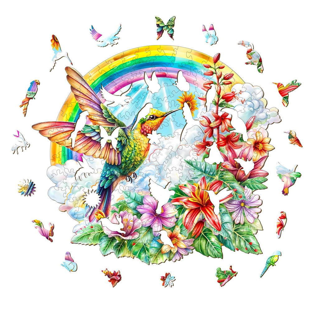 Colorful Angel Hummingbird wooden jigsaw puzzle with flowers and butterflies surrounded by rainbow, perfect for brain training.
