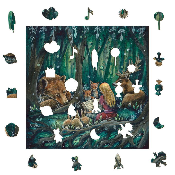 The Storyteller art by Kathryn Fedora featuring animals and a girl reading in a vibrant forest setting.