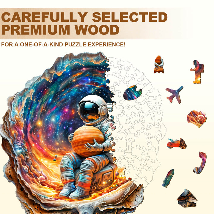 Cosmic Dream Wooden Jigsaw Puzzle featuring an astronaut surrounded by vibrant colors and puzzle pieces, showcasing premium wood craftsmanship.