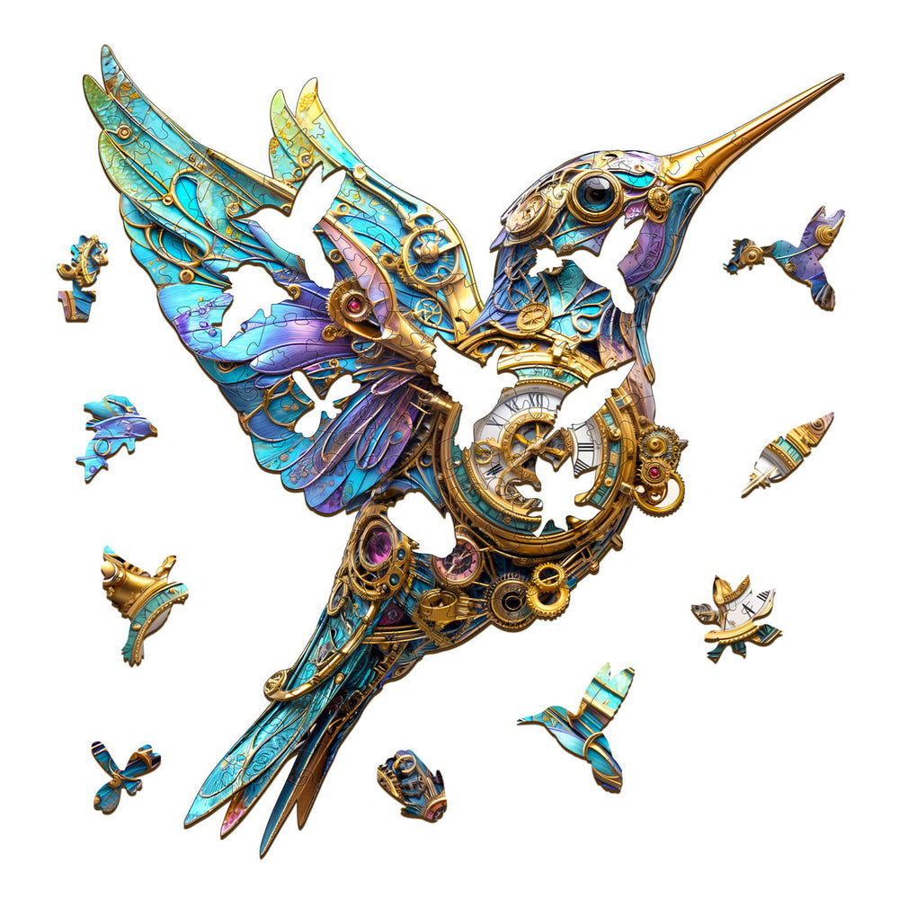 3D mechanical hummingbird wooden jigsaw puzzle with colorful gears and vibrant details, perfect for puzzle enthusiasts.