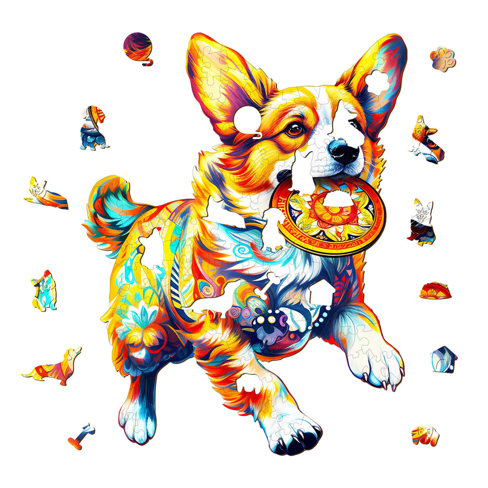 Colorful jigsaw puzzle of a playful dog with a toy, designed for puzzle lovers and brain training activities.
