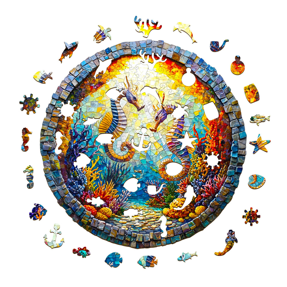 Colorful 3D Seahorses in Harmony wooden jigsaw puzzle pieces arranged in a circular pattern, showcasing an underwater scene.