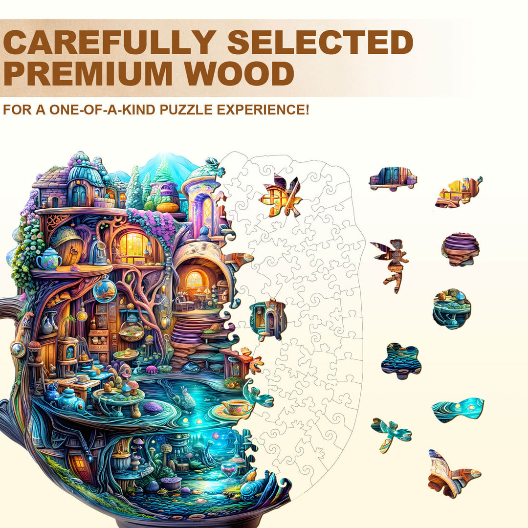 Close-up of an Enchanted Teapot wooden jigsaw puzzle showcasing premium wood pieces for a unique puzzling experience.