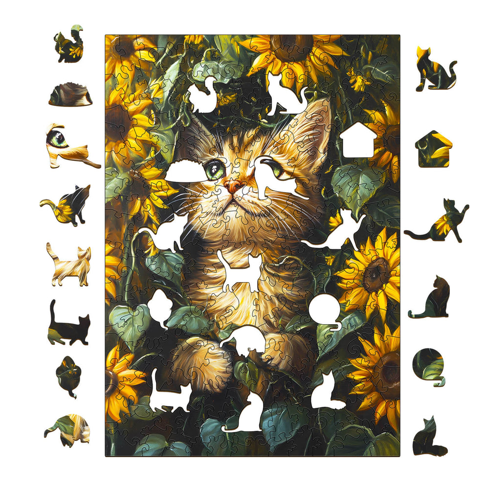 Colorful wooden jigsaw puzzle featuring a cat among sunflowers, promoting focus and mind engagement.