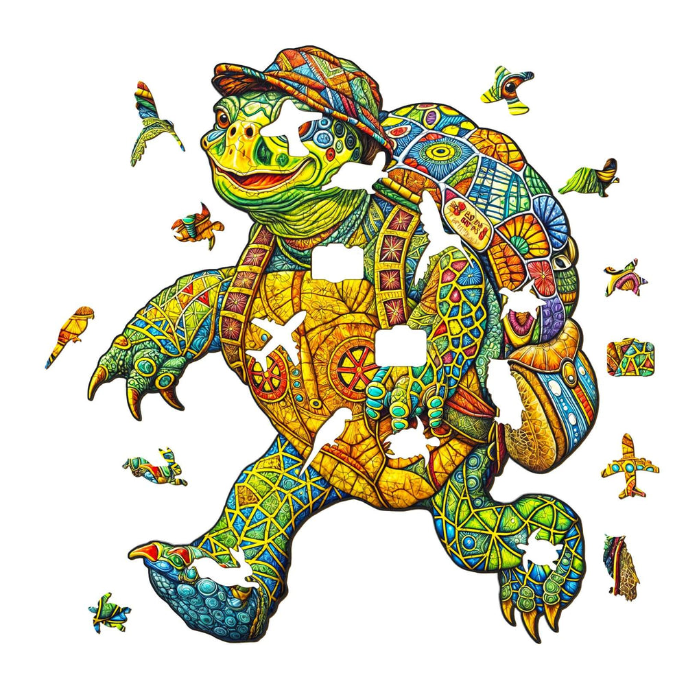 Colorful Traveling Turtle wooden jigsaw puzzle pieces featuring a whimsical turtle explorer, designed for fun and focus.