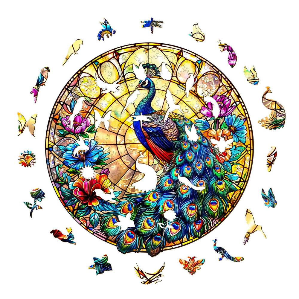 Vibrant Peacock King wooden jigsaw puzzle featuring intricate designs and colorful floral elements, perfect for engaging mind games.