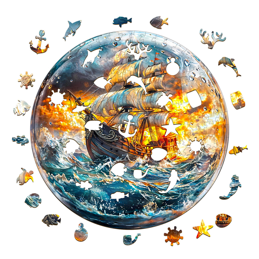 Stormy Voyage Wooden Jigsaw Puzzle featuring a ship amid waves, designed for focus and fun mind games.