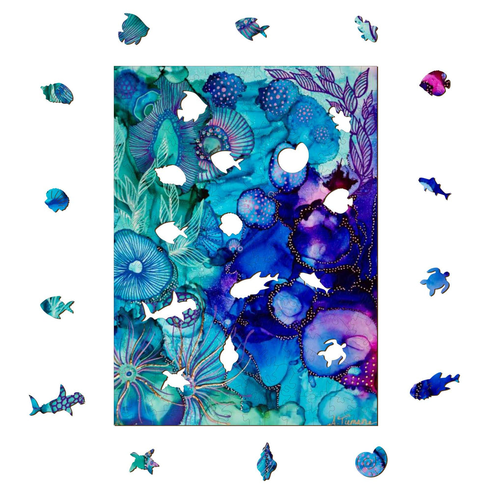 Into the Mystic artwork by Amy Tieman featuring vibrant blue underwater theme with fish and seashells.
