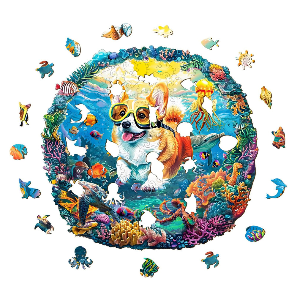 Diving Corgi Wooden Jigsaw Puzzle featuring a playful corgi in snorkeling gear surrounded by colorful sea life.