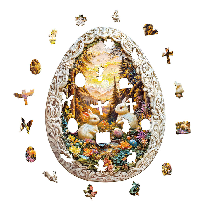 Wonderland Easter-4 wooden jigsaw puzzle featuring bunnies and floral designs in a stunning egg shape.