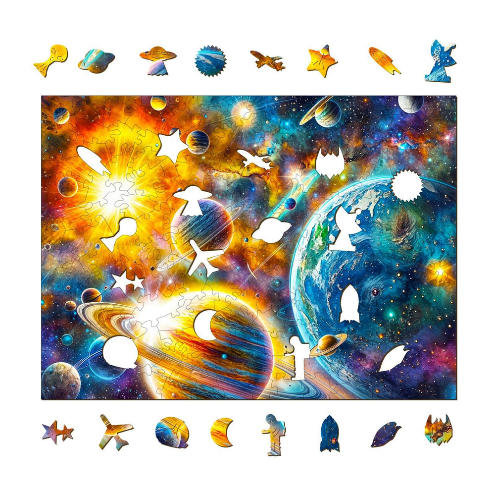 Cosmic Reverie-1 wooden jigsaw puzzle featuring vibrant planets and cosmic shapes, perfect for enhancing focus and cognitive skills.