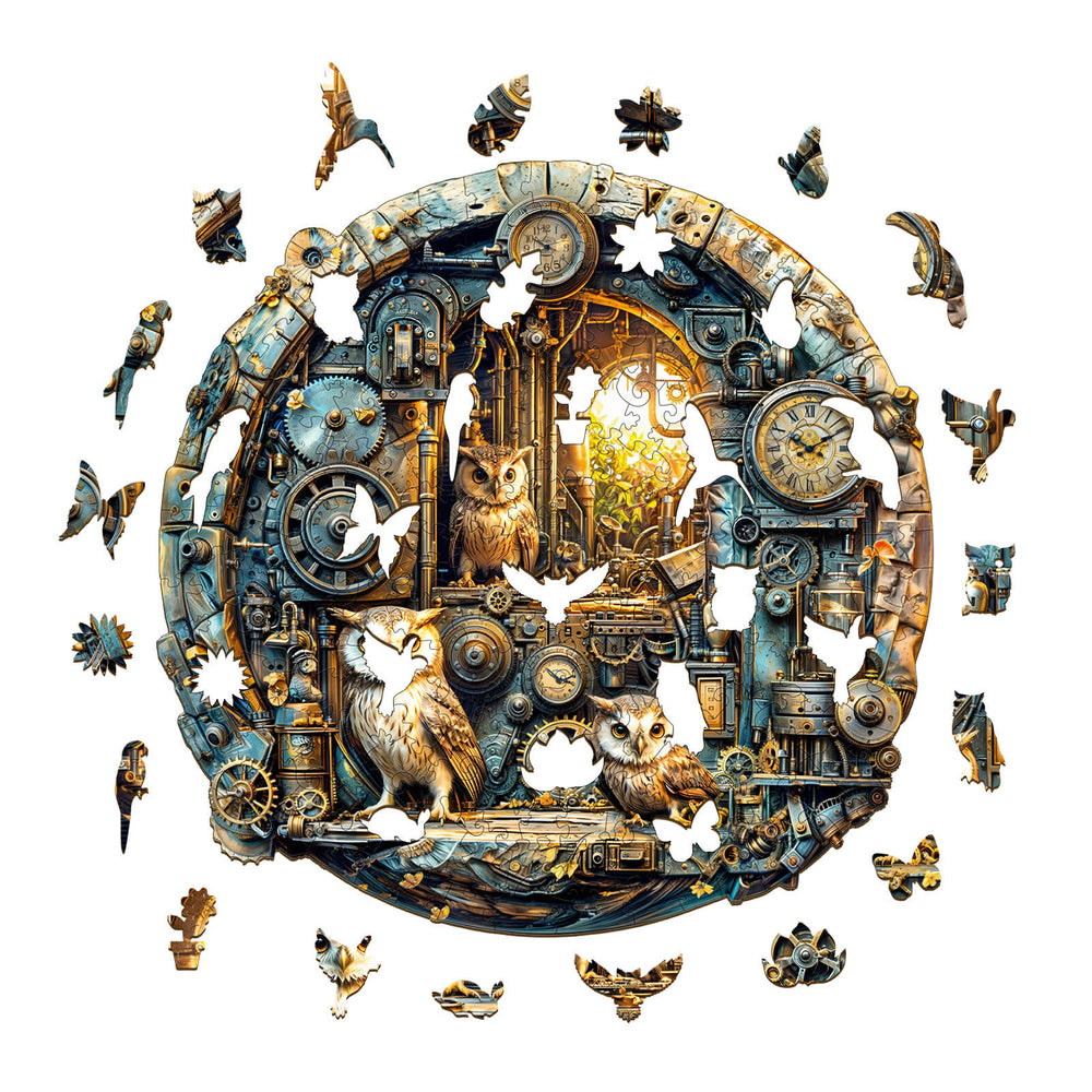 Steampunk Owl wooden jigsaw puzzle featuring intricate designs and whimsical elements for an engaging mind game experience.