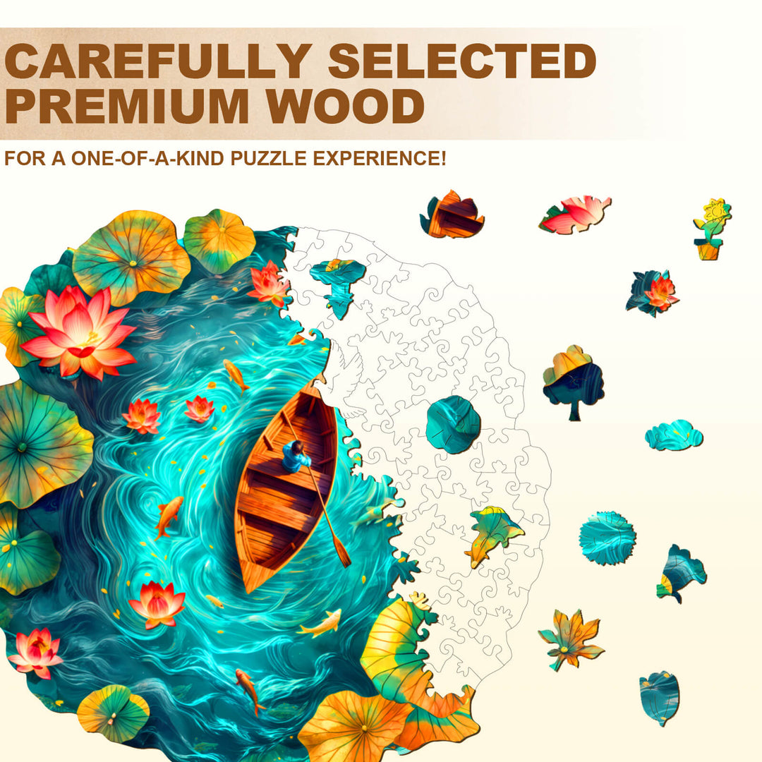 Boat and Lotus Wooden Jigsaw Puzzle