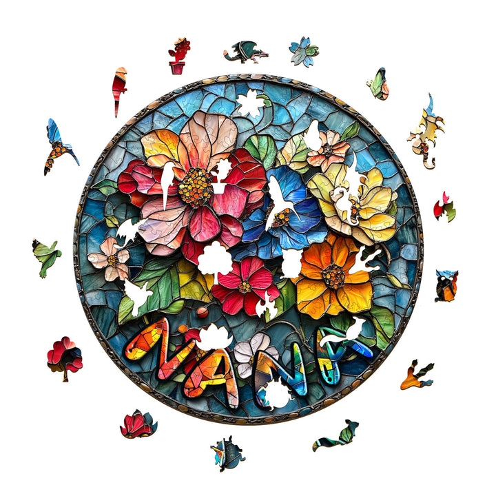 Custom name wooden jigsaw puzzle featuring vibrant flowers and colorful window cut, personalized for playtime.