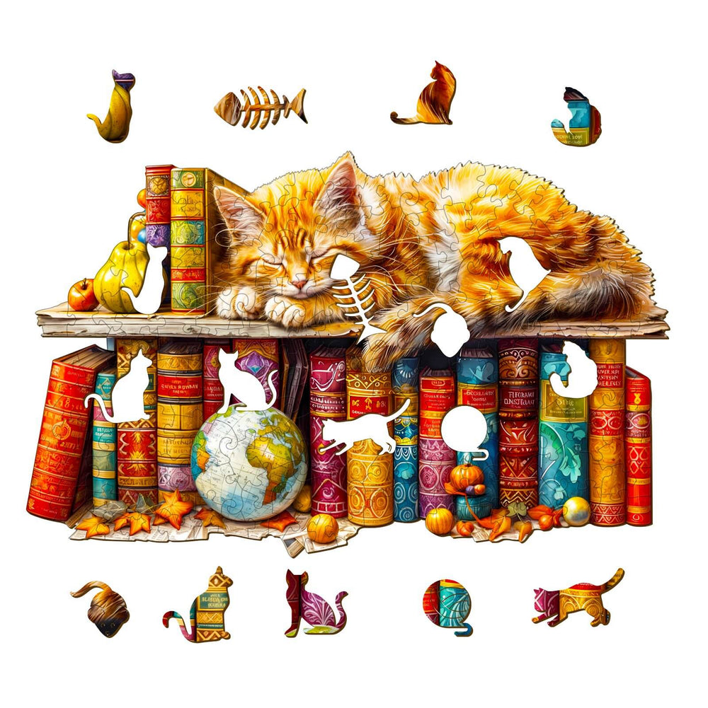 Dreamy Tabby Cat wooden jigsaw puzzle featuring a cat napping on colorful books, promotes focus and mindfulness.