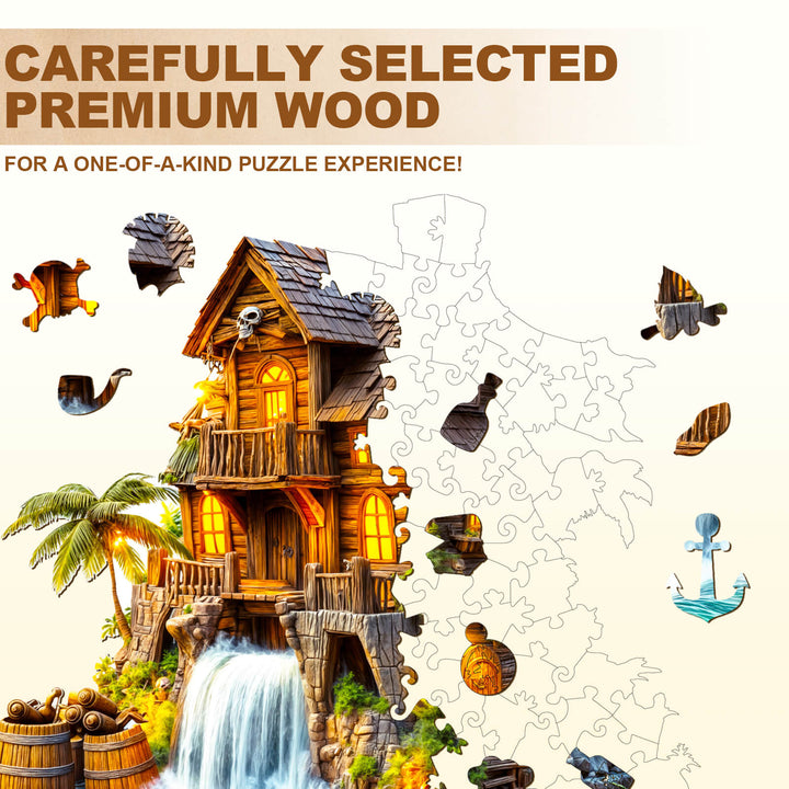 Pirate cabin-1 wooden jigsaw puzzle depicting a charming cabin and pieces, made from premium wood for a unique experience.