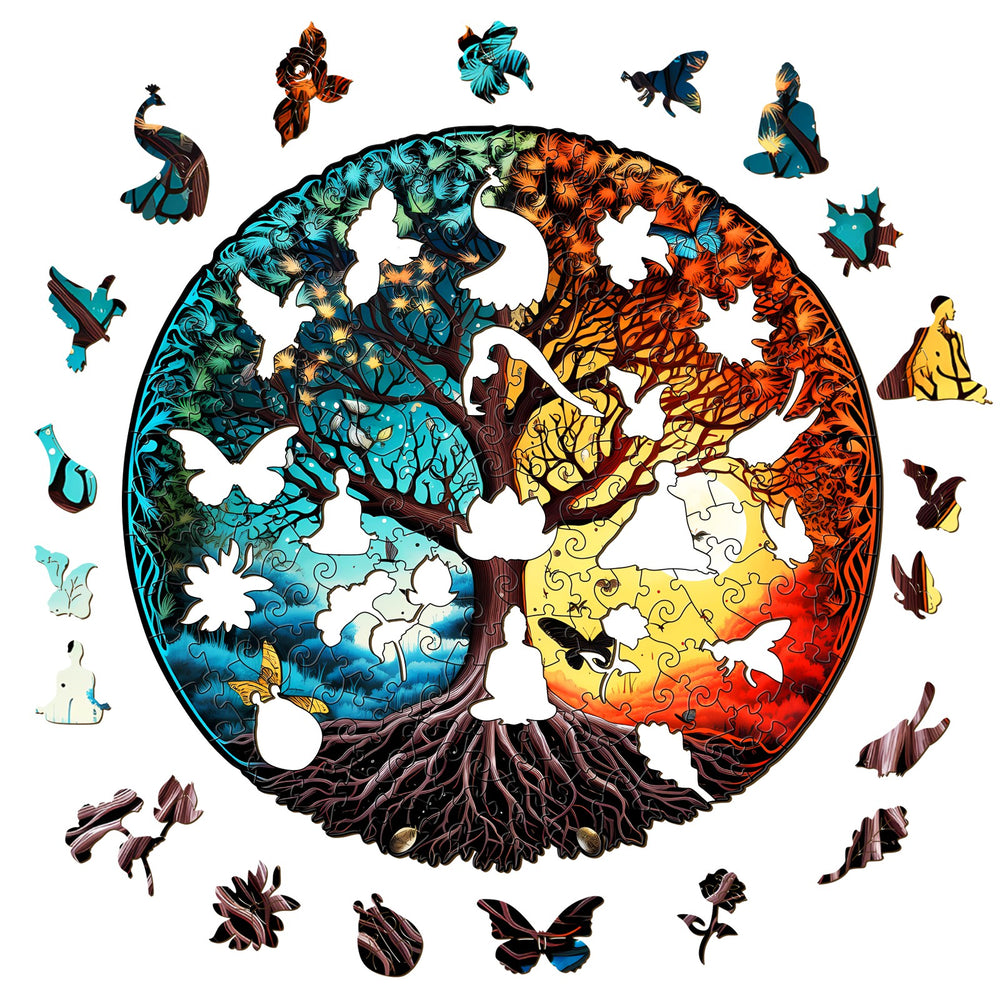 Yin Yang Tree Of Life wooden jigsaw puzzle featuring vibrant colors and intricate butterfly designs.