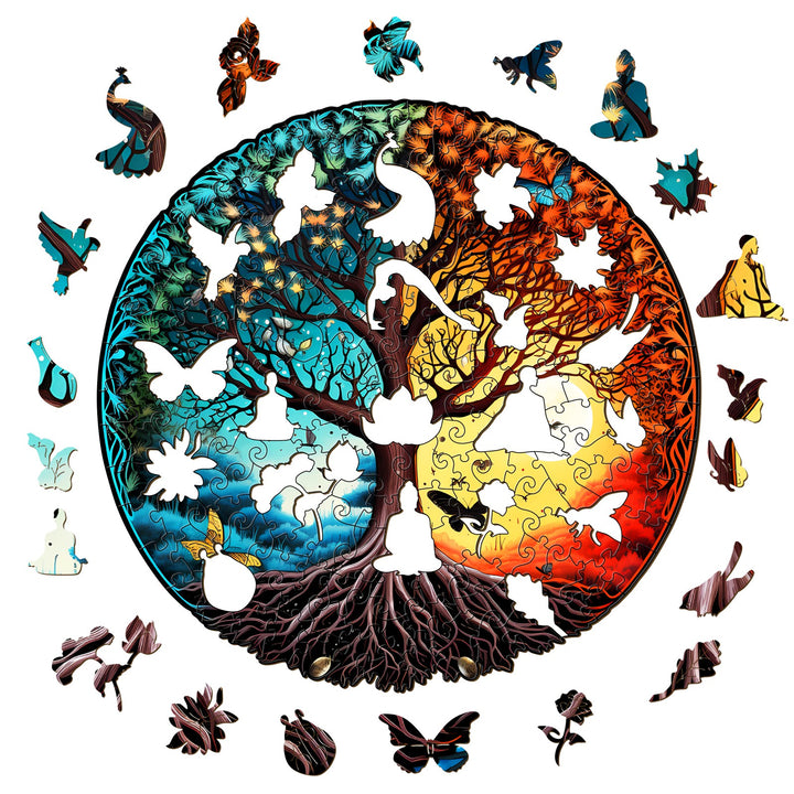 Yin Yang Tree Of Life wooden jigsaw puzzle featuring vibrant colors and intricate butterfly designs.