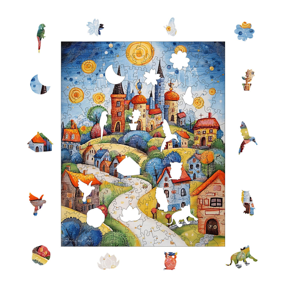 Colorful puzzle depicting a whimsical village scene with missing pieces, showcasing artistic designs and vibrant colors.