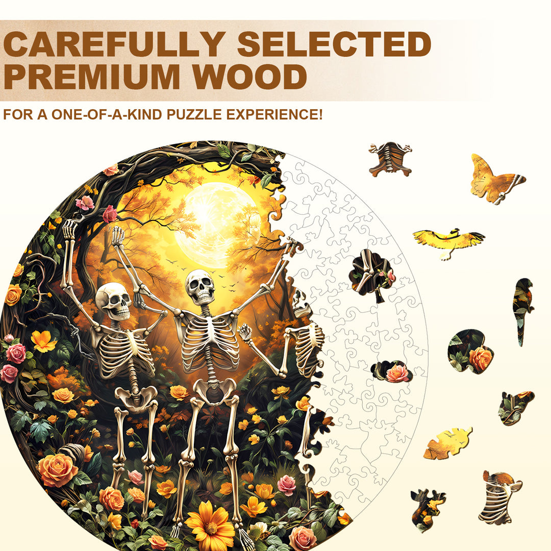 Skeleton Moon Glee wooden jigsaw puzzle featuring detailed artwork and vibrant colors, showcasing skeletons and butterflies.
