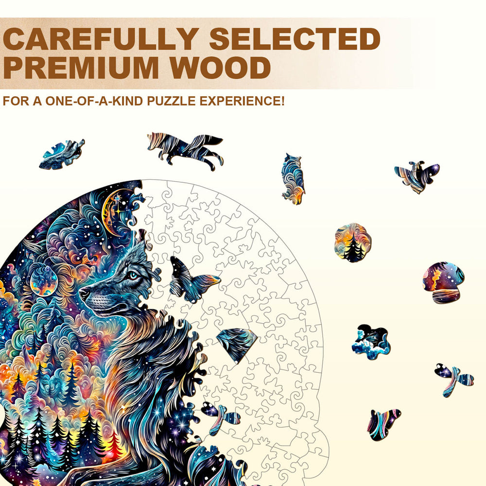 Nebula Wolf wooden jigsaw puzzle pieces made from premium wood for a unique and engaging puzzle experience.