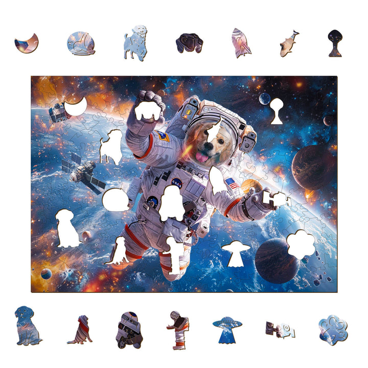 Colorful Space Traveler Max wooden jigsaw puzzle featuring a dog in an astronaut suit amidst a cosmic background.