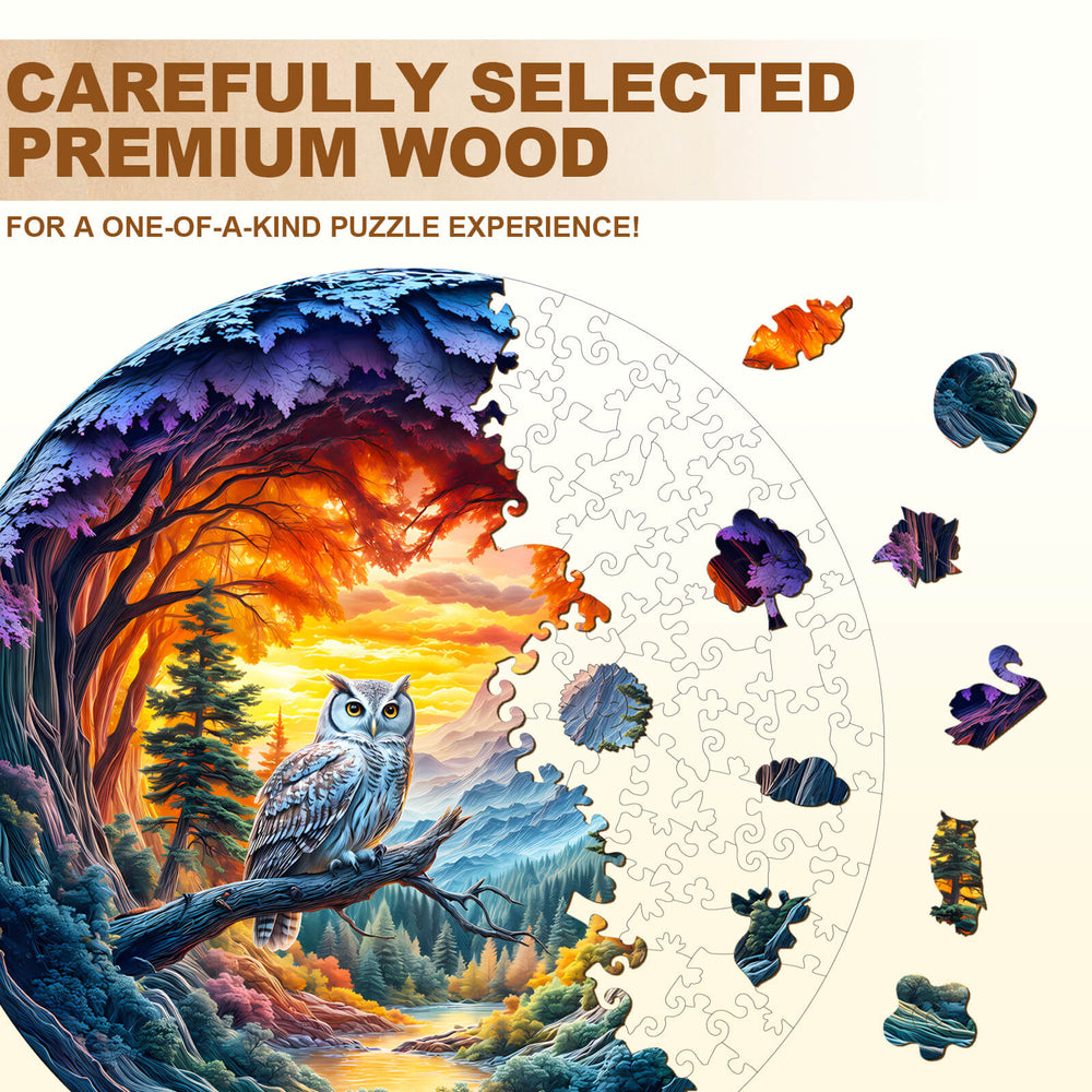 Serene Watcher wooden jigsaw puzzle featuring an owl, crafted from premium wood for unique puzzle-solving enjoyment.