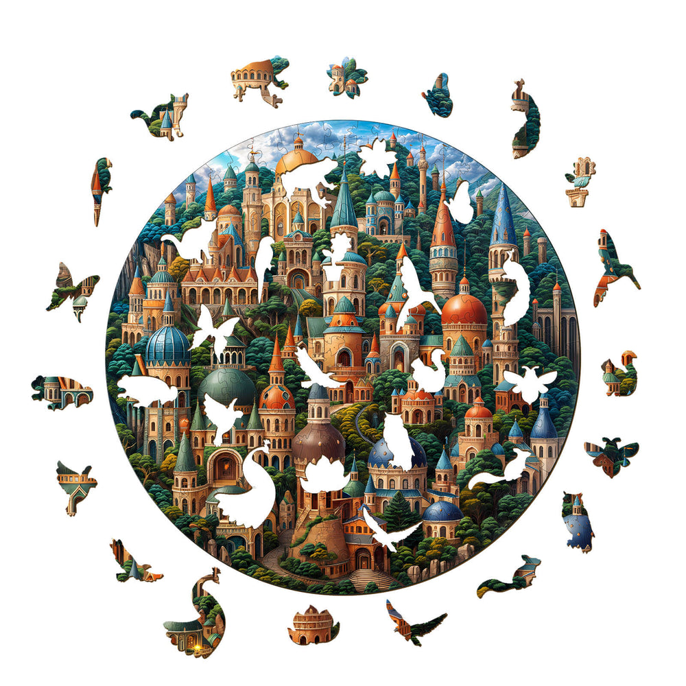 Colorful wooden jigsaw puzzle featuring intricate cityscape with various animal-shaped pieces cut out.