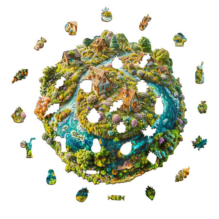 Colorful Sustainable Earth wooden jigsaw puzzle featuring a nature scene with houses and a river.