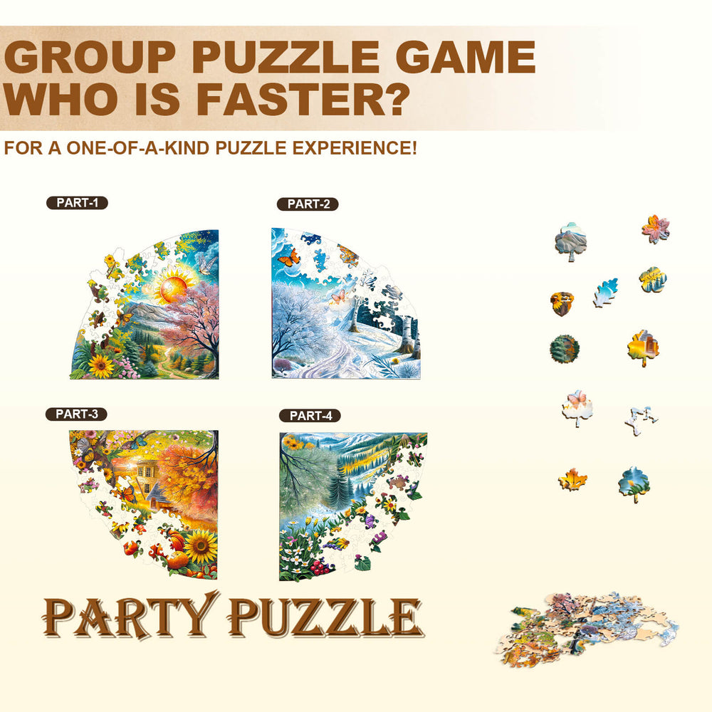 Four Seasons Party Puzzle game featuring nature scenes and colorful pieces for a fun group experience.